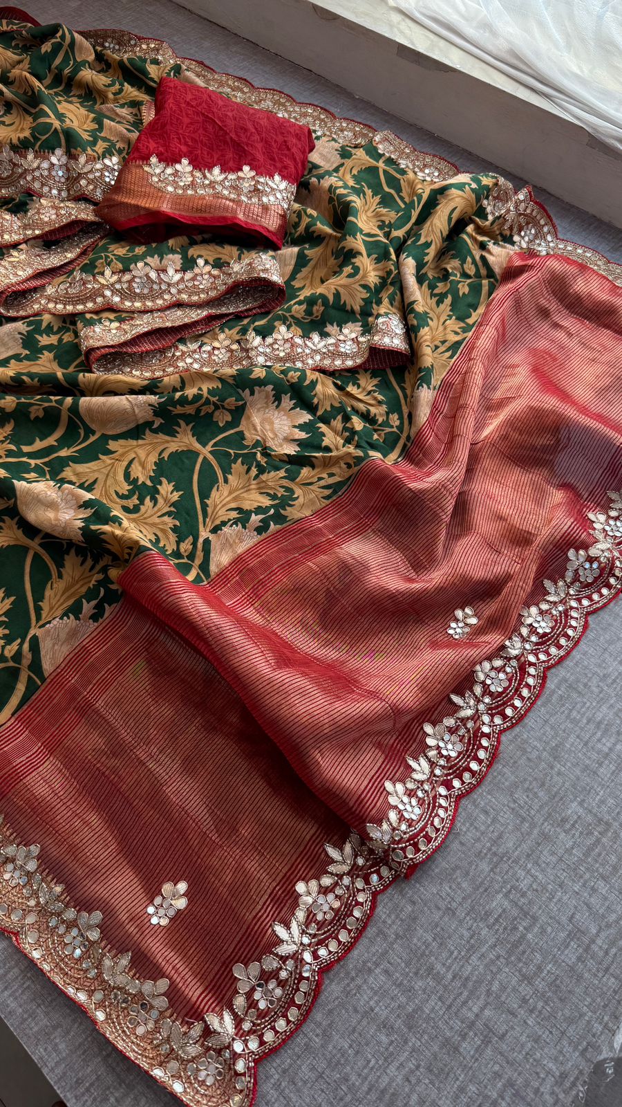 Pure Munga Silk Banarasi Saree with Handcrafted Gota Patti Zardozi and Cutdana Embroidery