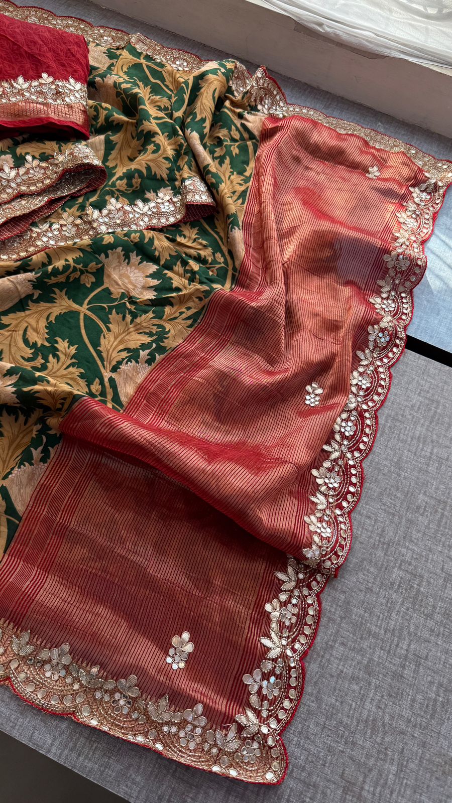 Pure Munga Silk Banarasi Saree with Handcrafted Gota Patti Zardozi and Cutdana Embroidery