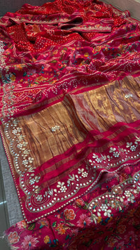 Pure Gajji Silk Lakdi Patta Digital Print Saree with Handcrafted Gota Patti Kutdana Sequins and Kasab Work