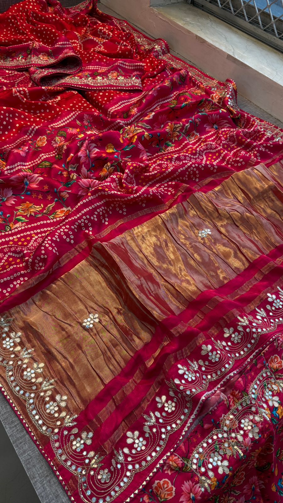 Pure Gajji Silk Lakdi Patta Digital Print Saree with Handcrafted Gota Patti Kutdana Sequins and Kasab Work