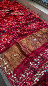 Pure Gajji Silk Lakdi Patta Digital Print Saree with Handcrafted Gota Patti Kutdana Sequins and Kasab Work