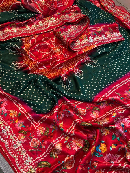 Pure Gajji Silk Lakdi Patta Digital Print Saree with Handcrafted Gota Patti Kutdana Sequins and Kasab Work