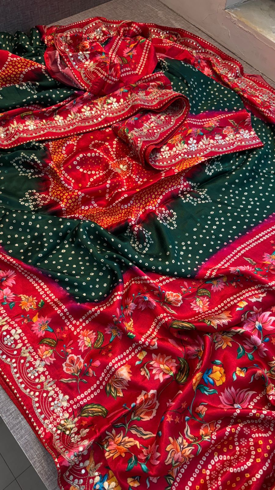 Pure Gajji Silk Lakdi Patta Digital Print Saree with Handcrafted Gota Patti Kutdana Sequins and Kasab Work