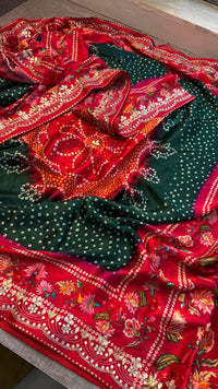 Pure Gajji Silk Lakdi Patta Digital Print Saree with Handcrafted Gota Patti Kutdana Sequins and Kasab Work