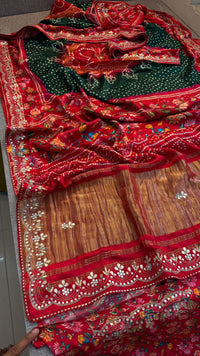 Pure Gajji Silk Lakdi Patta Digital Print Saree with Handcrafted Gota Patti Kutdana Sequins and Kasab Work