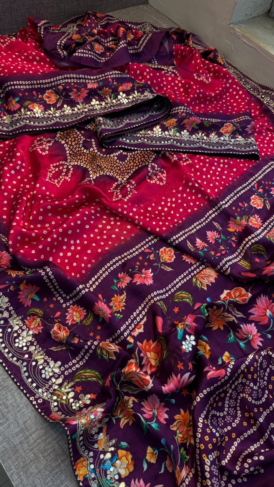 Pure Gajji Silk Lakdi Patta Digital Print Saree with Handcrafted Gota Patti Kutdana Sequins and Kasab Work
