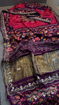 Pure Gajji Silk Lakdi Patta Digital Print Saree with Handcrafted Gota Patti Kutdana Sequins and Kasab Work