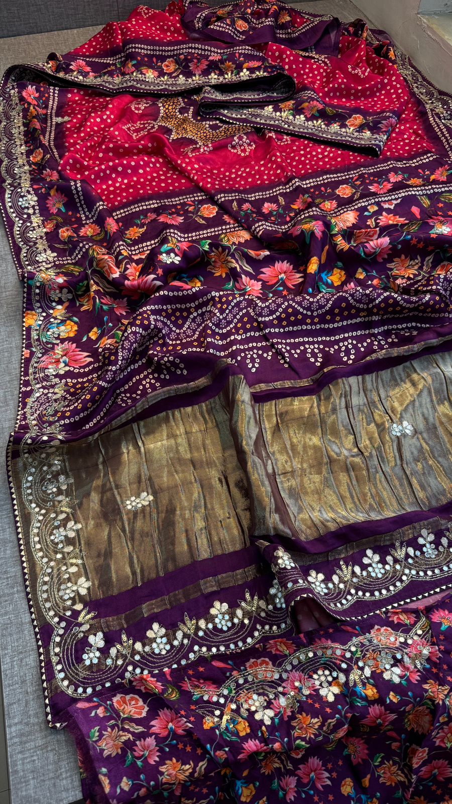 Pure Gajji Silk Lakdi Patta Digital Print Saree with Handcrafted Gota Patti Kutdana Sequins and Kasab Work