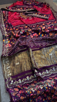 Pure Gajji Silk Lakdi Patta Digital Print Saree with Handcrafted Gota Patti Kutdana Sequins and Kasab Work