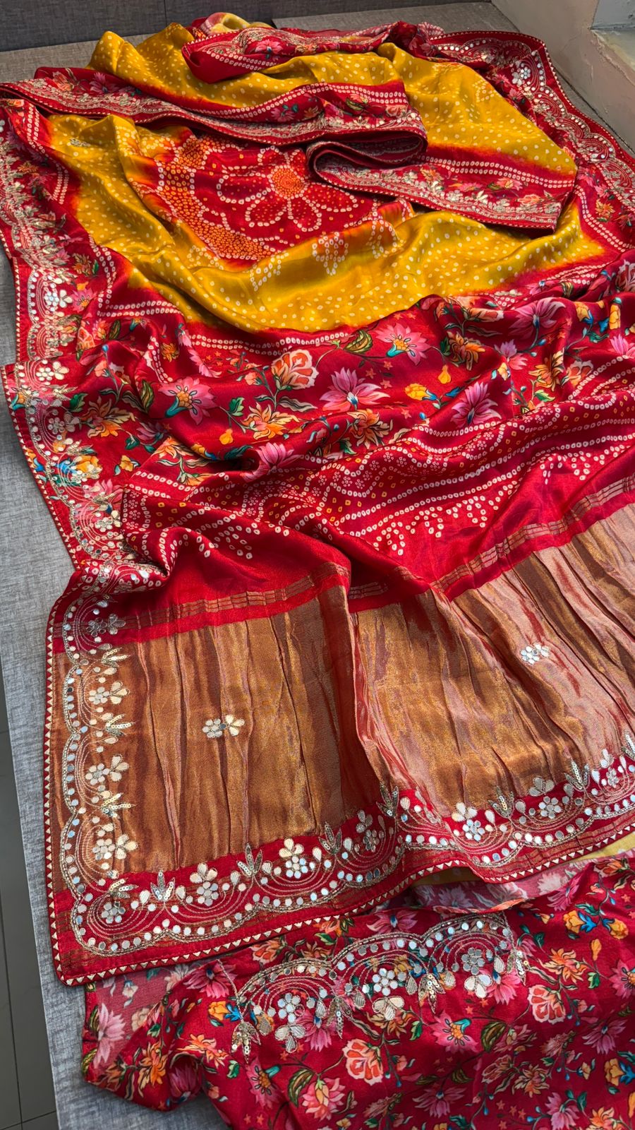 Pure Gajji Silk Lakdi Patta Digital Print Saree with Handcrafted Gota Patti Kutdana Sequins and Kasab Work