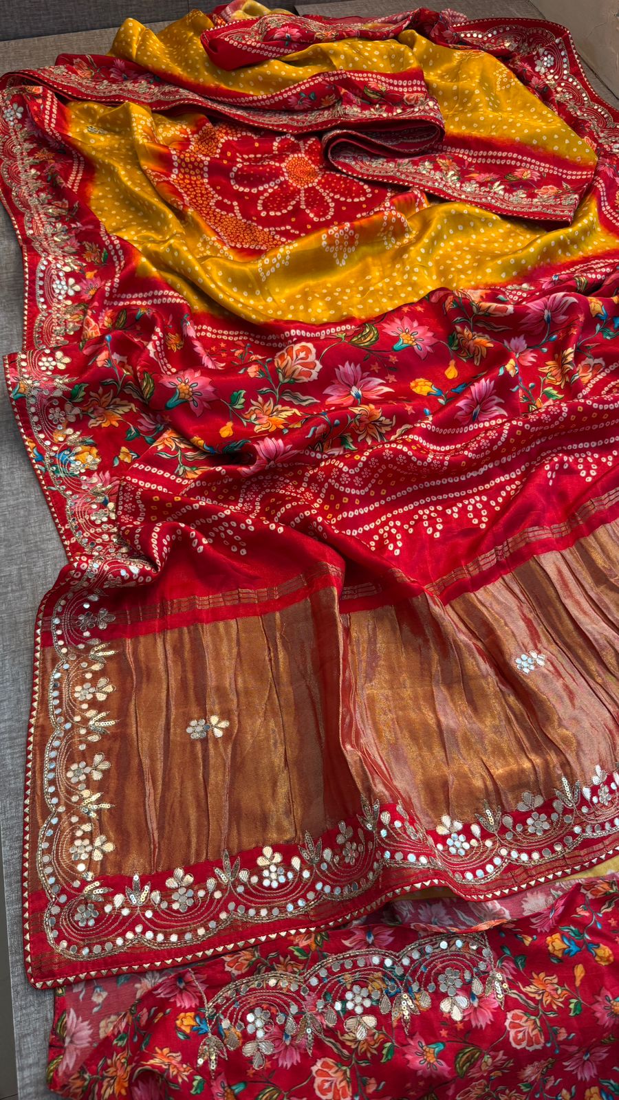 Pure Gajji Silk Lakdi Patta Digital Print Saree with Handcrafted Gota Patti Kutdana Sequins and Kasab Work