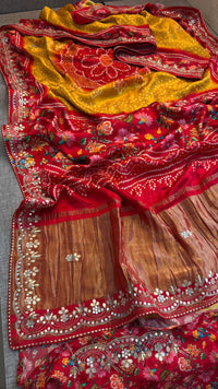 Pure Gajji Silk Lakdi Patta Digital Print Saree with Handcrafted Gota Patti Kutdana Sequins and Kasab Work
