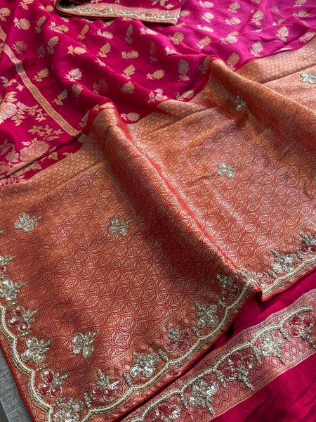 Pure Munga Silk Banarasi Saree with Handcrafted Kutdana Pearl Sequins and Zarkan Embroidery