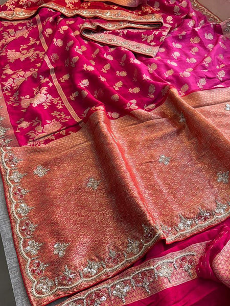 Pure Munga Silk Banarasi Saree with Handcrafted Kutdana Pearl Sequins and Zarkan Embroidery