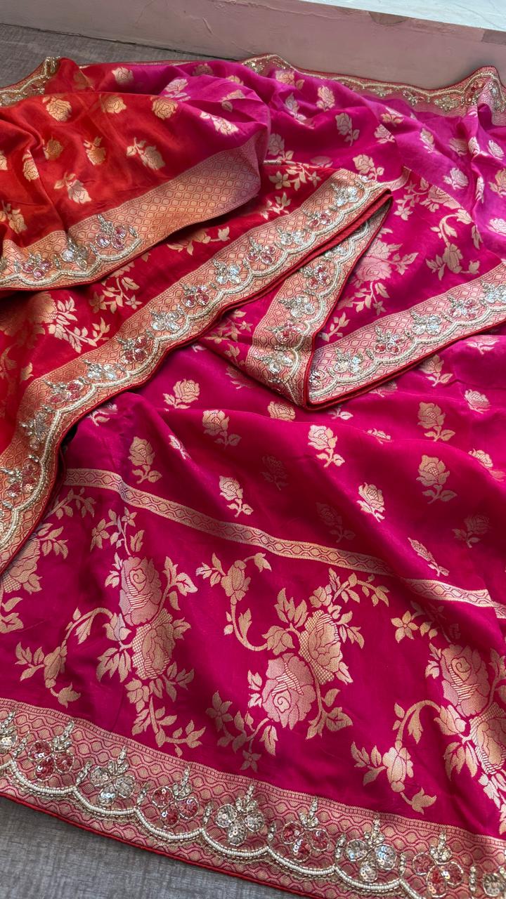 Pure Munga Silk Banarasi Saree with Handcrafted Kutdana Pearl Sequins and Zarkan Embroidery