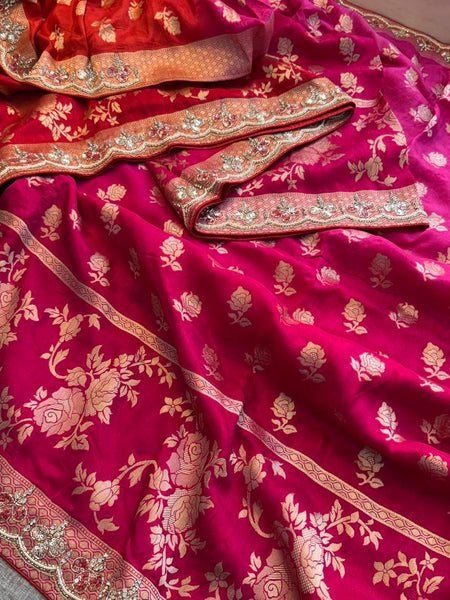 Pure Munga Silk Banarasi Saree with Handcrafted Kutdana Pearl Sequins and Zarkan Embroidery