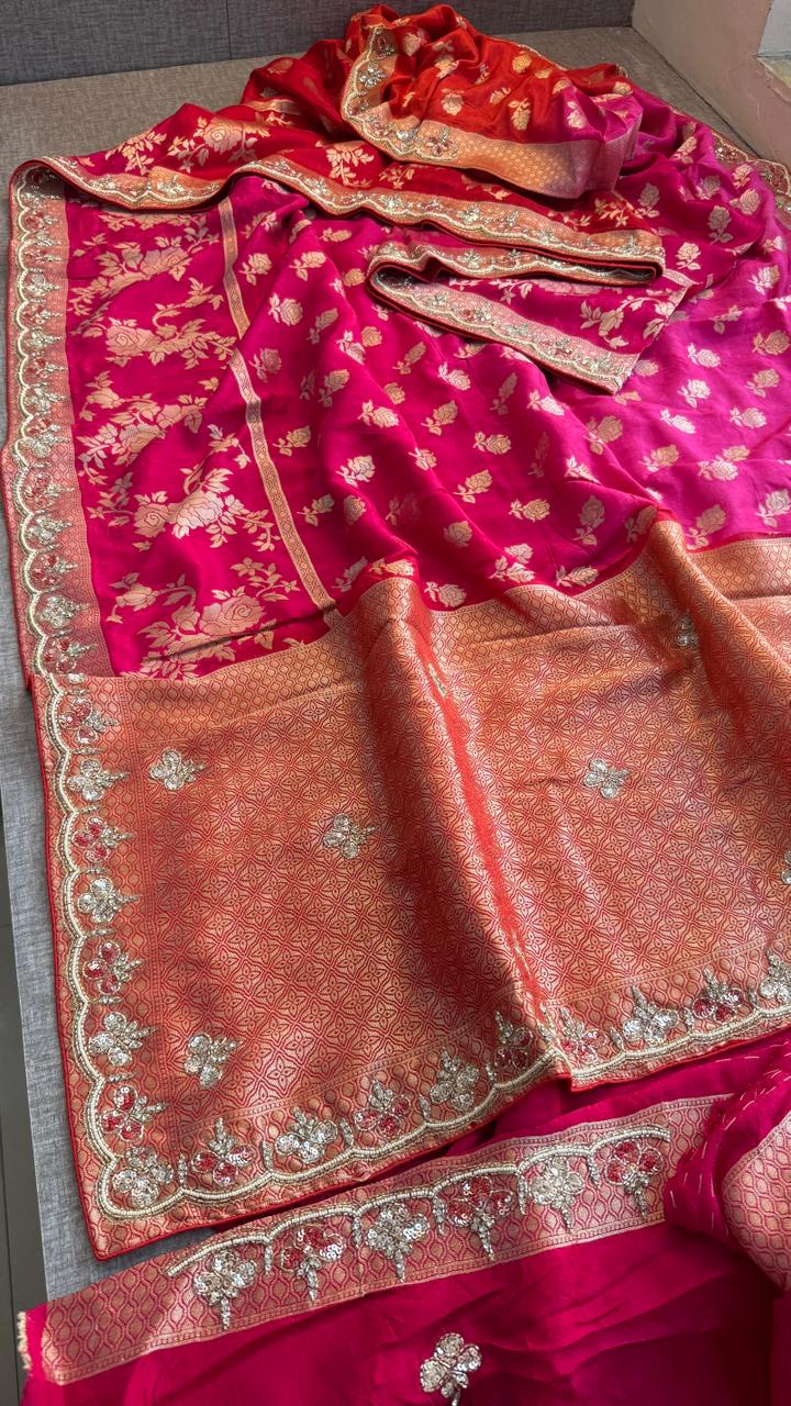 Pure Munga Silk Banarasi Saree with Handcrafted Kutdana Pearl Sequins and Zarkan Embroidery