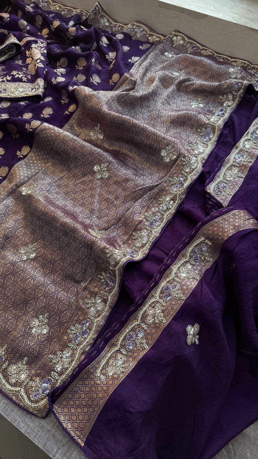 Pure Munga Silk Banarasi Saree with Handcrafted Kutdana Pearl Sequins and Zarkan Embroidery