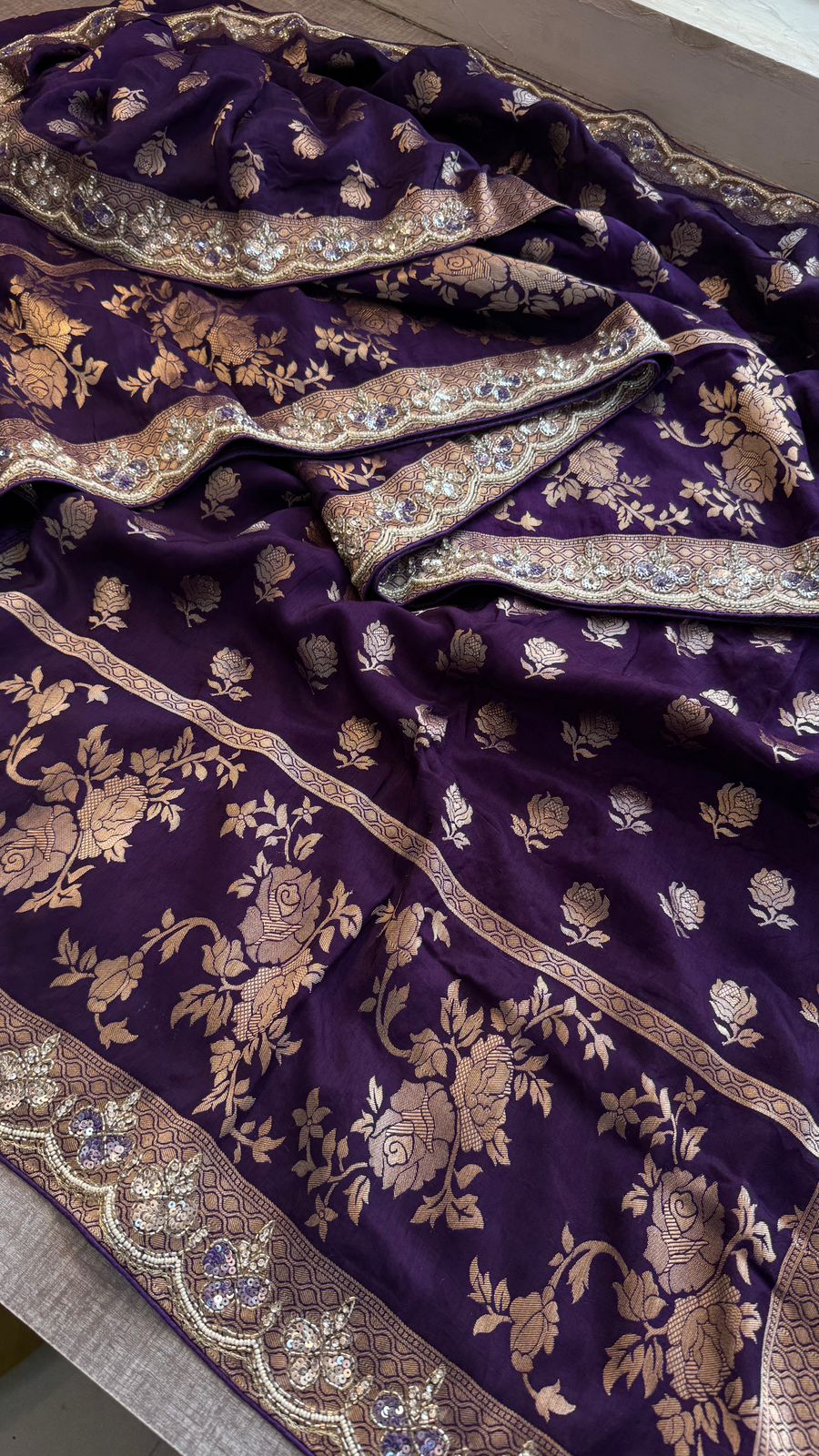 Pure Munga Silk Banarasi Saree with Handcrafted Kutdana Pearl Sequins and Zarkan Embroidery