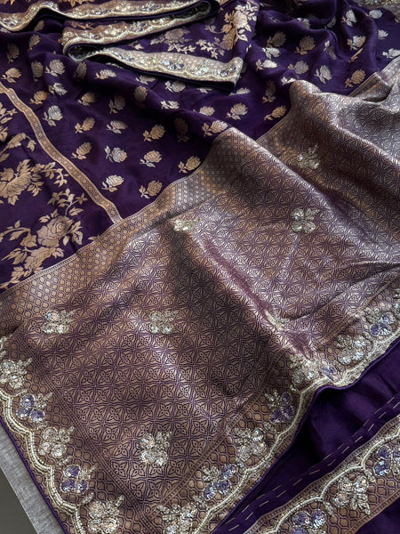 Pure Munga Silk Banarasi Saree with Handcrafted Kutdana Pearl Sequins and Zarkan Embroidery