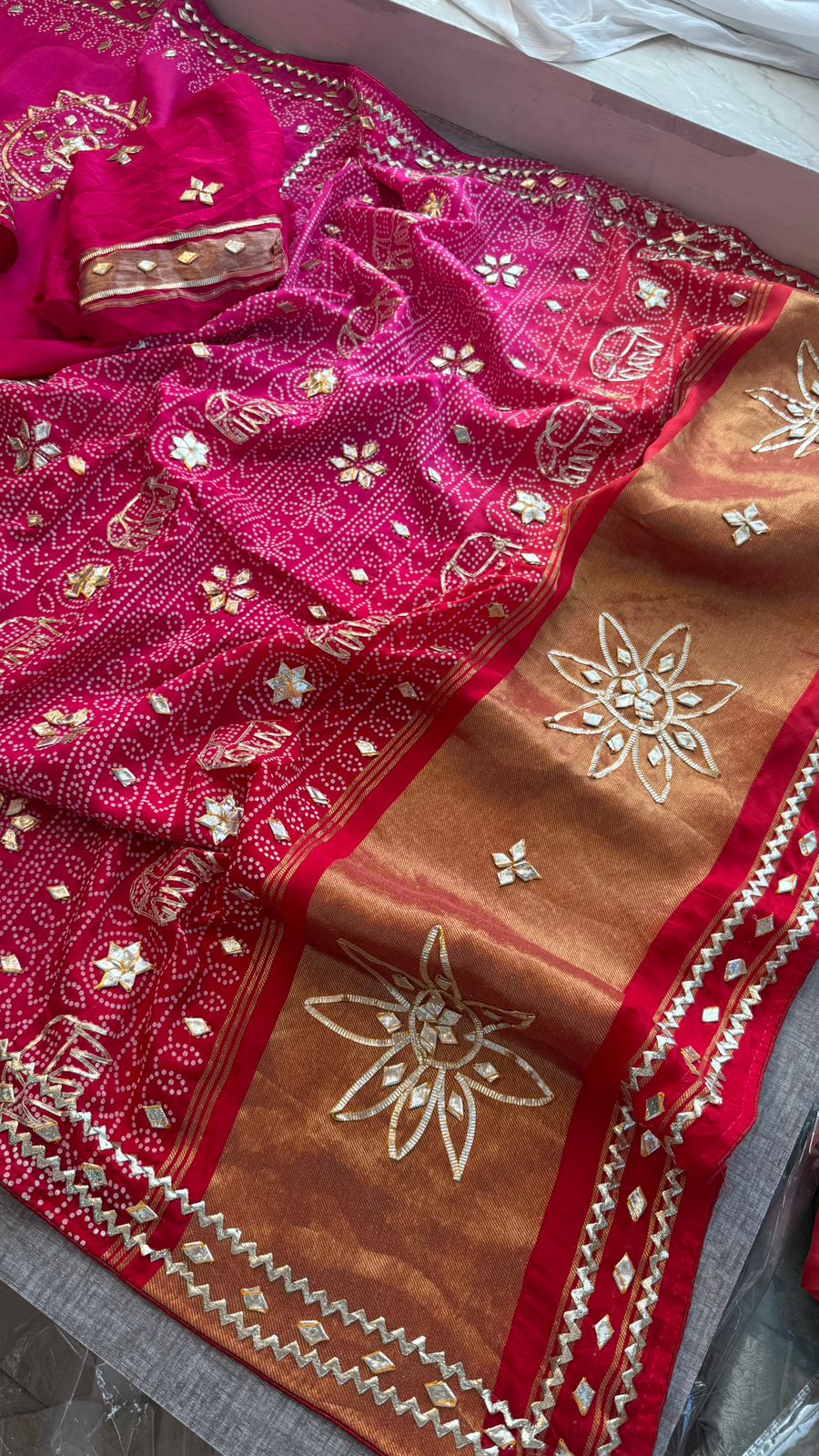 Gotta Patti Elephant Motif On Bandhej Munga Silk · 44 Artisan Hours of work · The Zari Edit