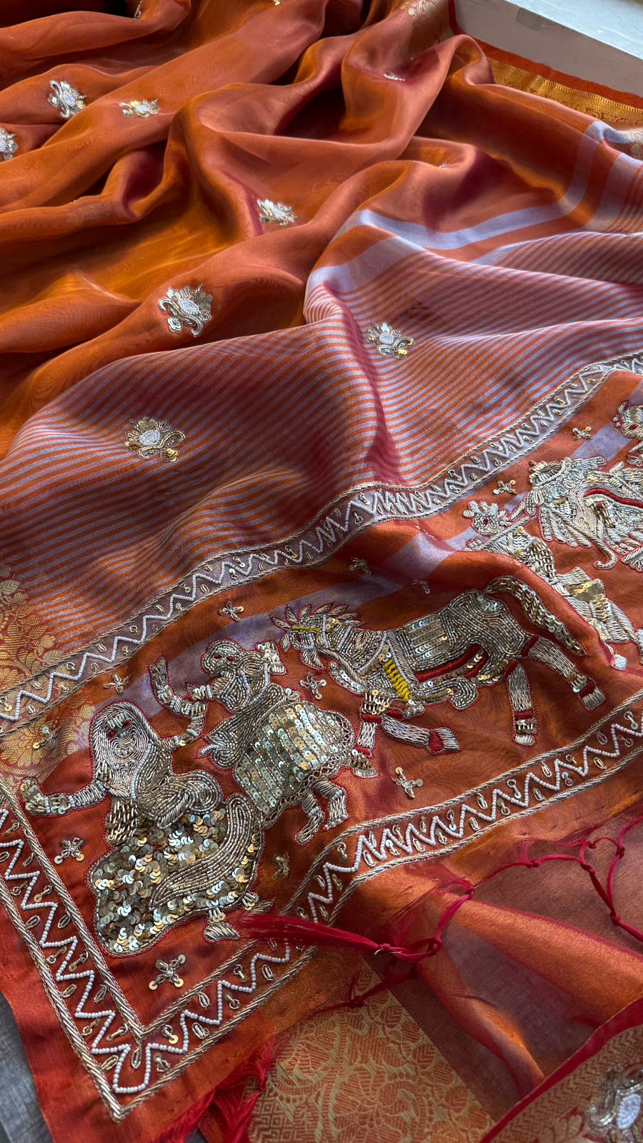Zardozi Story Pallu On Tissue Silk Banarasi · 72 Artisan Hours of work · The Royal Edit