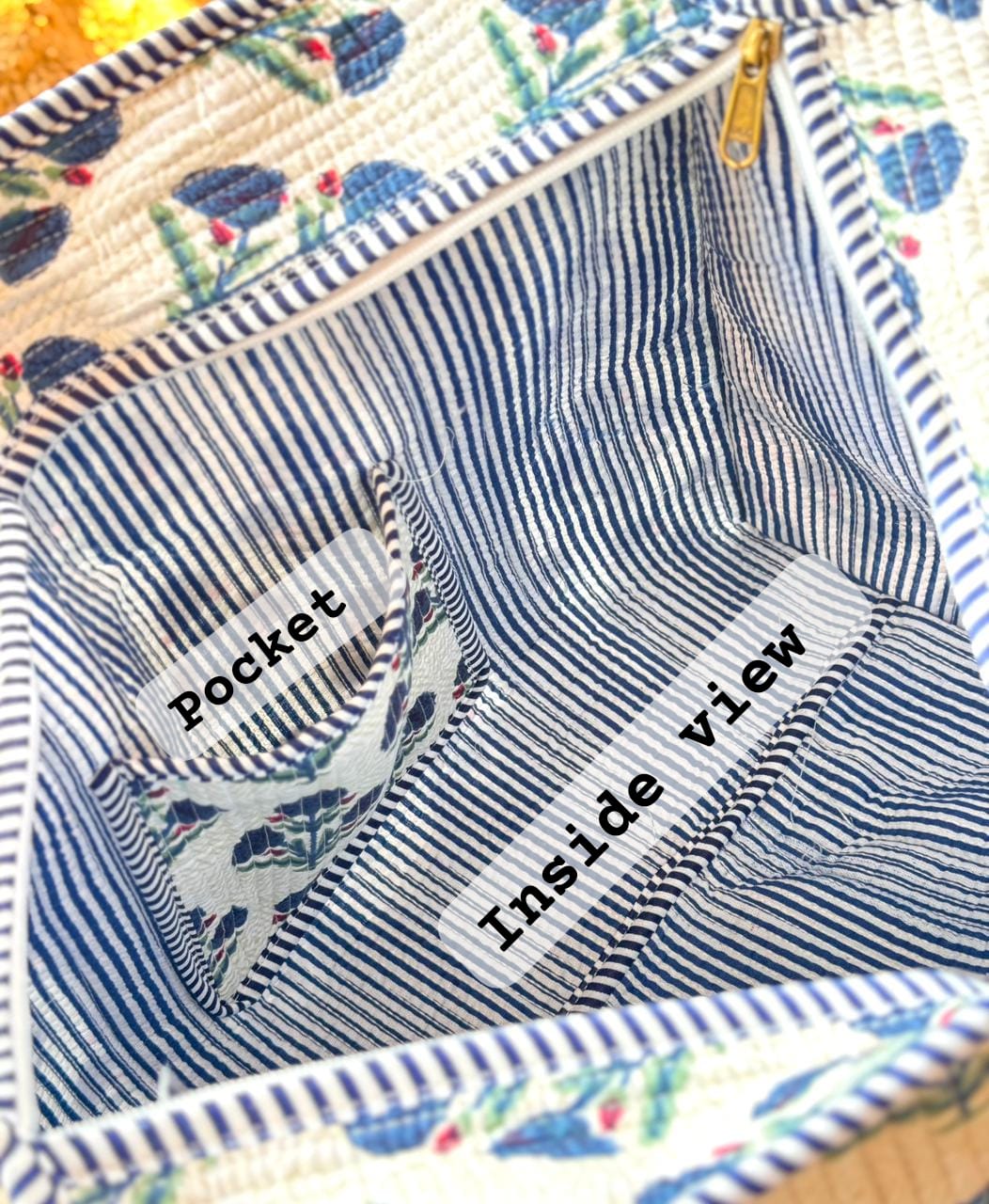 Reversible Quilted Hand Block Printed Tote Bag With Zip Closure