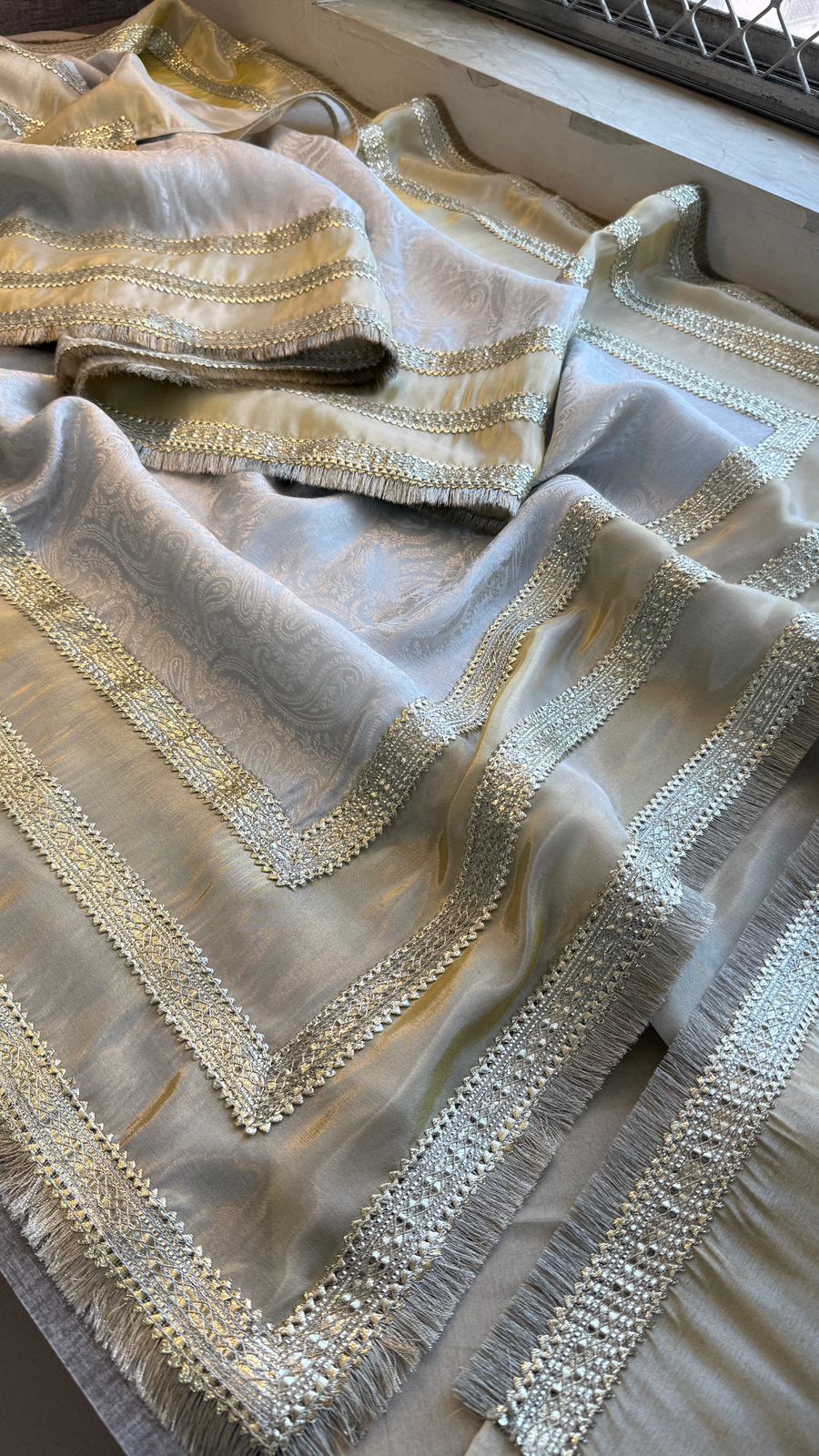 Zari Jacquard Weaving On Cosmo Munga Silk · 28 Artisan Hours of work · The Sunehri Edit