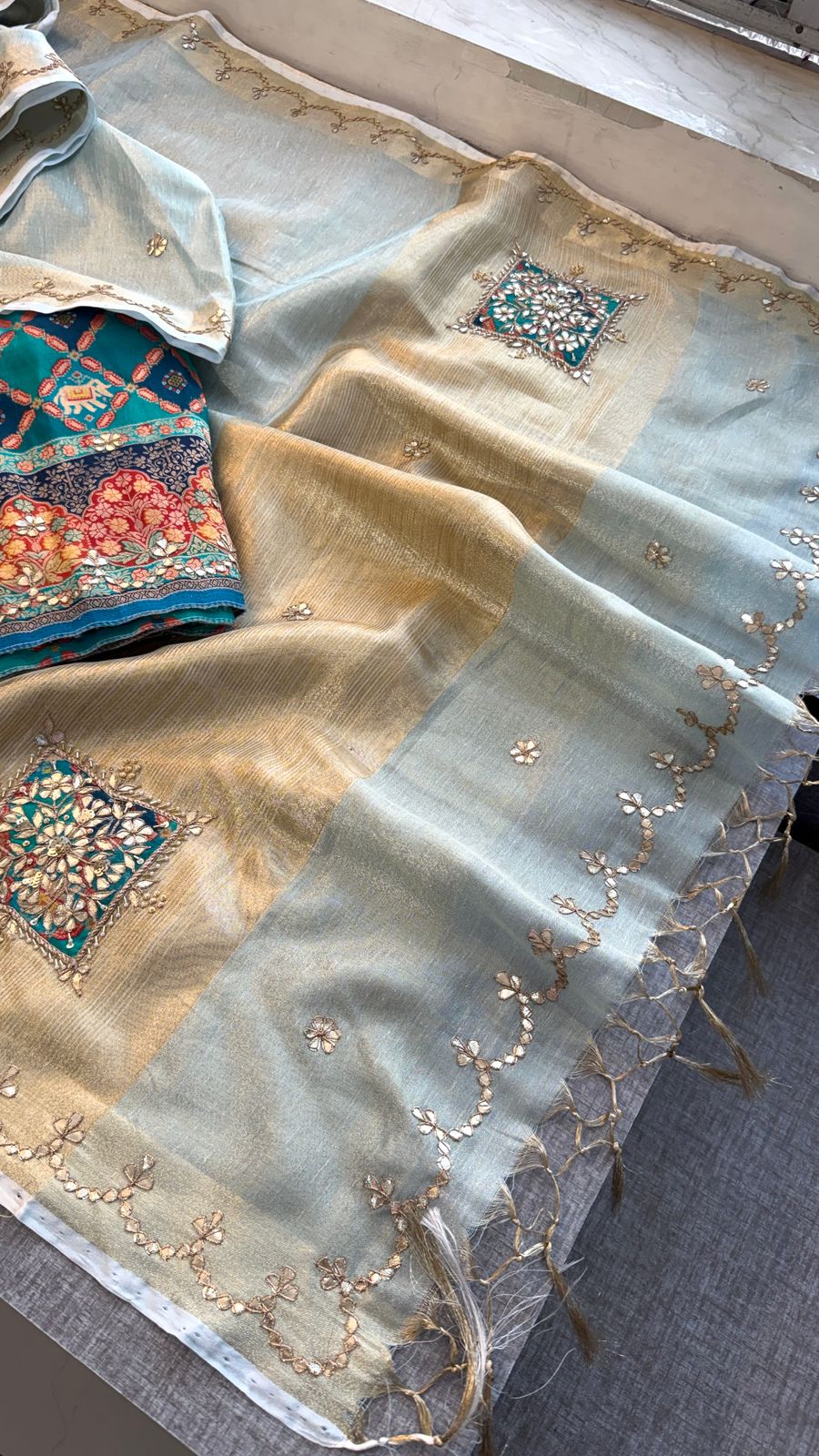 Gotta Patti Zardozi And Pearl On Tissue Linen Silk Banarasi · 60 Artisan Hours of work · The Virasat Edit