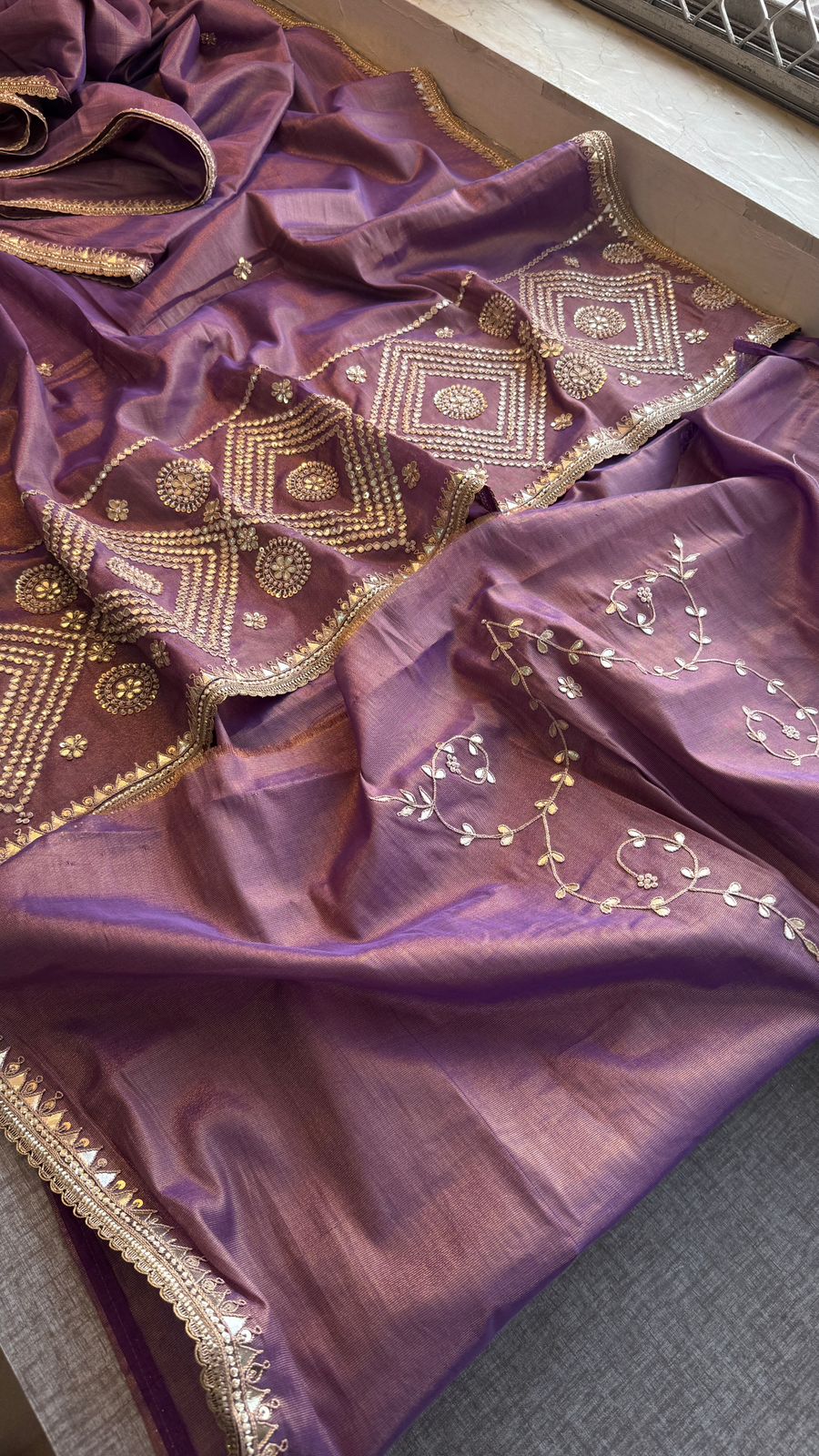 Gotta Patti Pearl And Zardozi On Cosmo Munga Silk · 54 Artisan Hours of work · The Gulnaar Edit