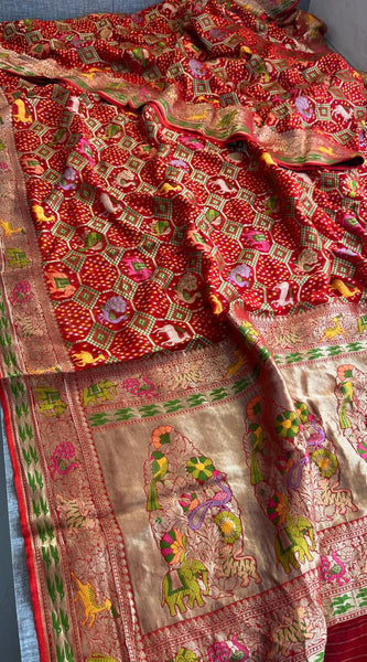 Pure Heavy Khaddi Georgette Saree with Bandhani & Meena Banarasi Weaving