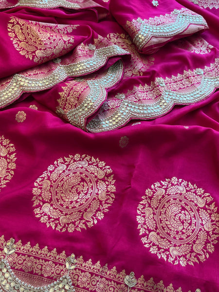 Munga Banarasi Silk Saree with Zardozi & Pearl Embroidery