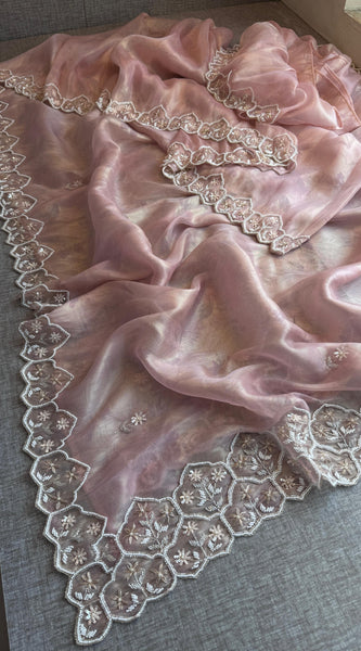 Soft Tissue Net Saree with Zardozi, Pearl & Kutdana Embroidery