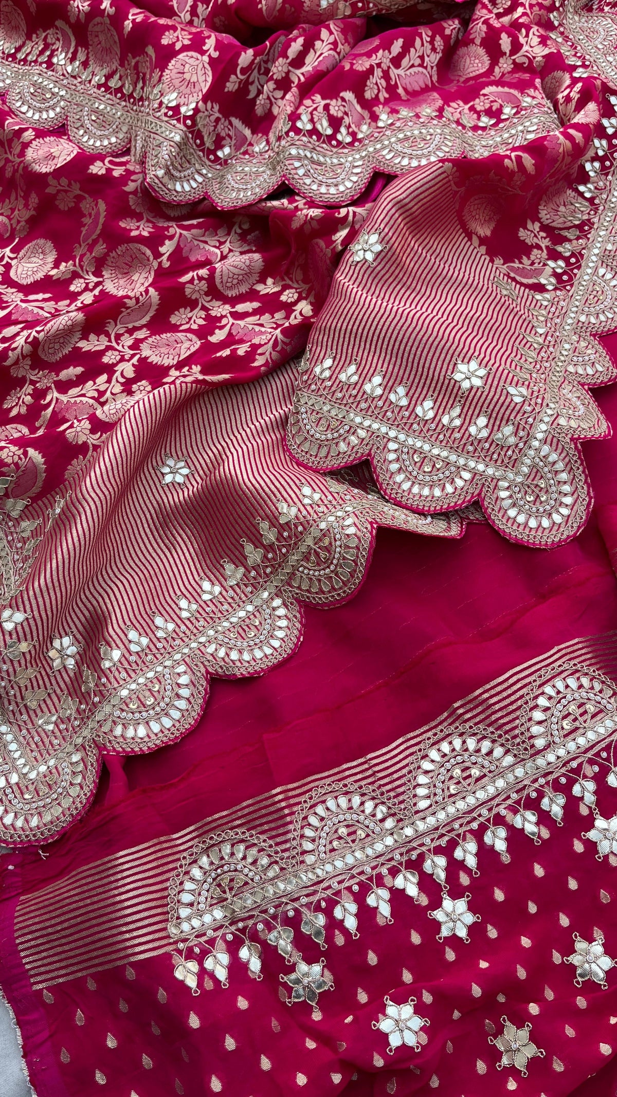 Pure Khaddi Georgette Banarasi Saree with Handcrafted Gota Patti Zardozi Sequins and Pearl Embroidery