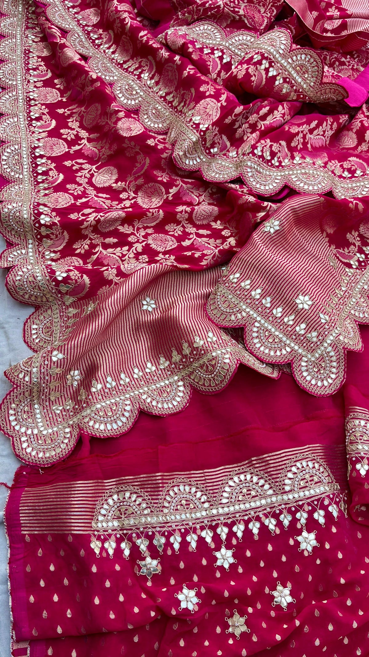 Pure Khaddi Georgette Banarasi Saree with Handcrafted Gota Patti Zardozi Sequins and Pearl Embroidery
