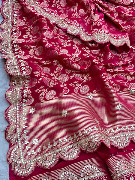 Pure Khaddi Georgette Banarasi Saree with Handcrafted Gota Patti Zardozi Sequins and Pearl Embroidery