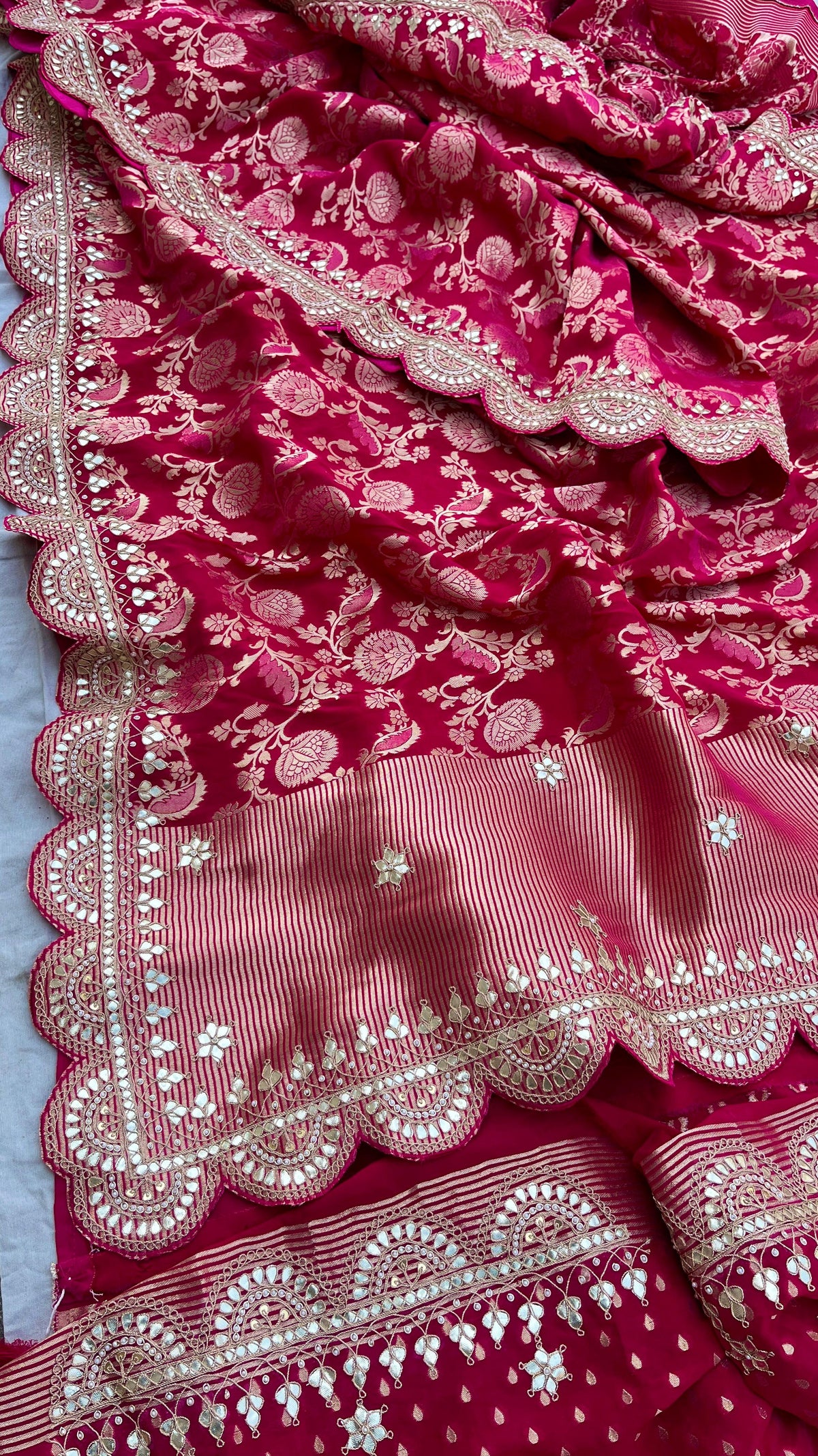 Pure Khaddi Georgette Banarasi Saree with Handcrafted Gota Patti Zardozi Sequins and Pearl Embroidery