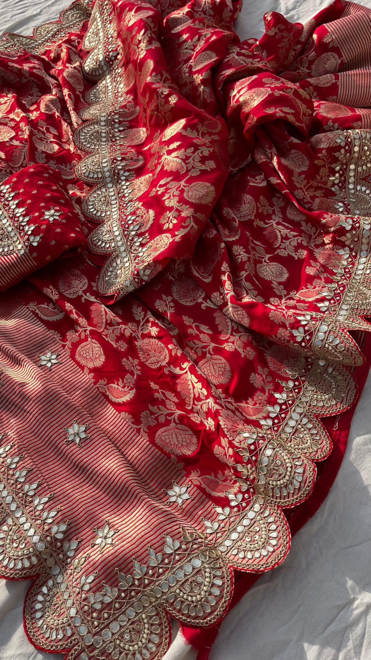 Pure Khaddi Georgette Banarasi Saree with Handcrafted Gota Patti Zardozi Sequins and Pearl Embroidery
