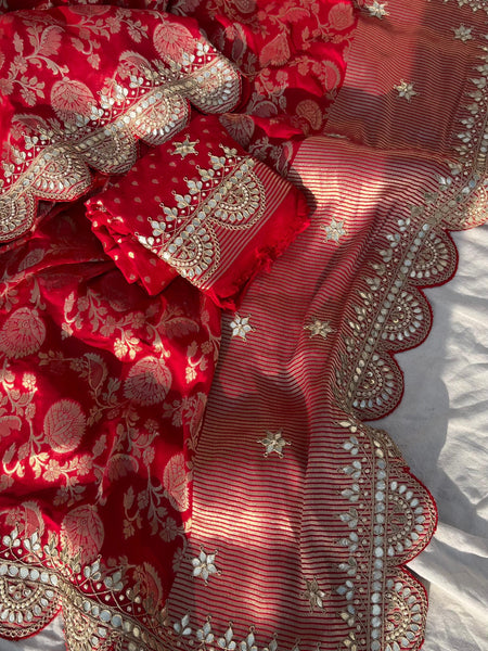 Pure Khaddi Georgette Banarasi Saree with Handcrafted Gota Patti Zardozi Sequins and Pearl Embroidery