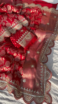 Pure Khaddi Georgette Banarasi Saree with Handcrafted Gota Patti Zardozi Sequins and Pearl Embroidery