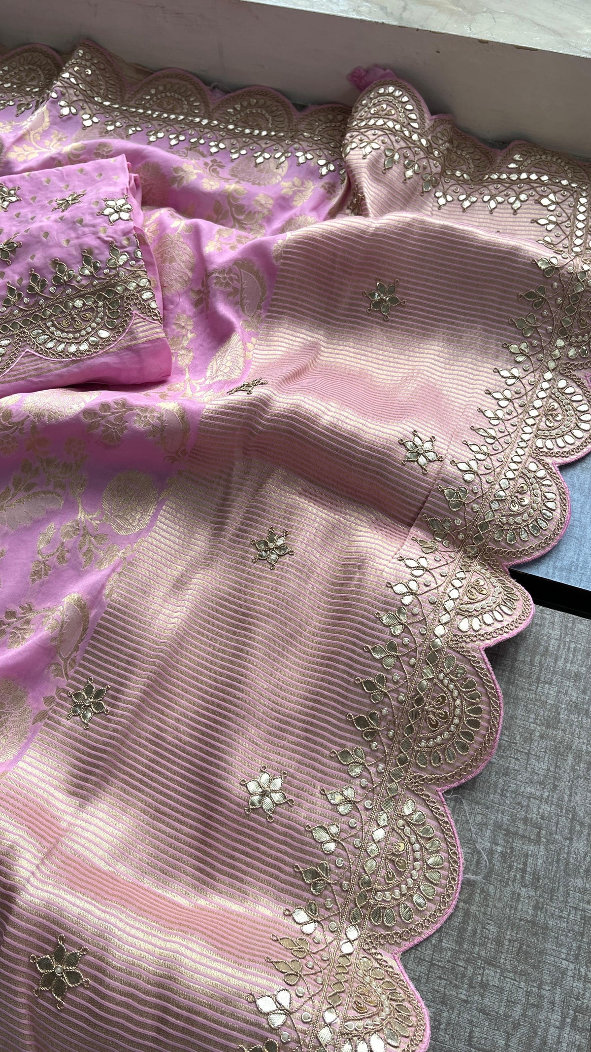 Pure Khaddi Georgette Banarasi Saree with Handcrafted Gota Patti Zardozi Sequins and Pearl Embroidery