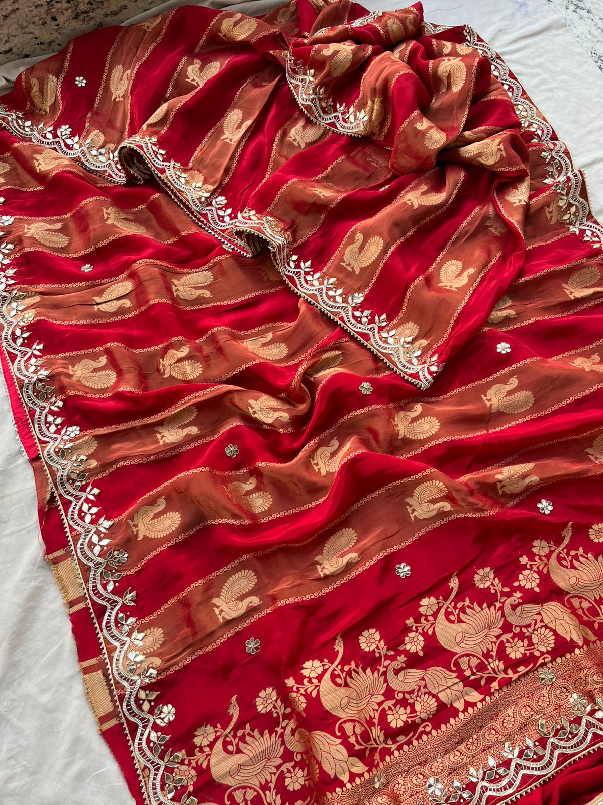 Pure Cosmo Silk Banarasi Wedding Saree with Gotta Patti & Pearl Work