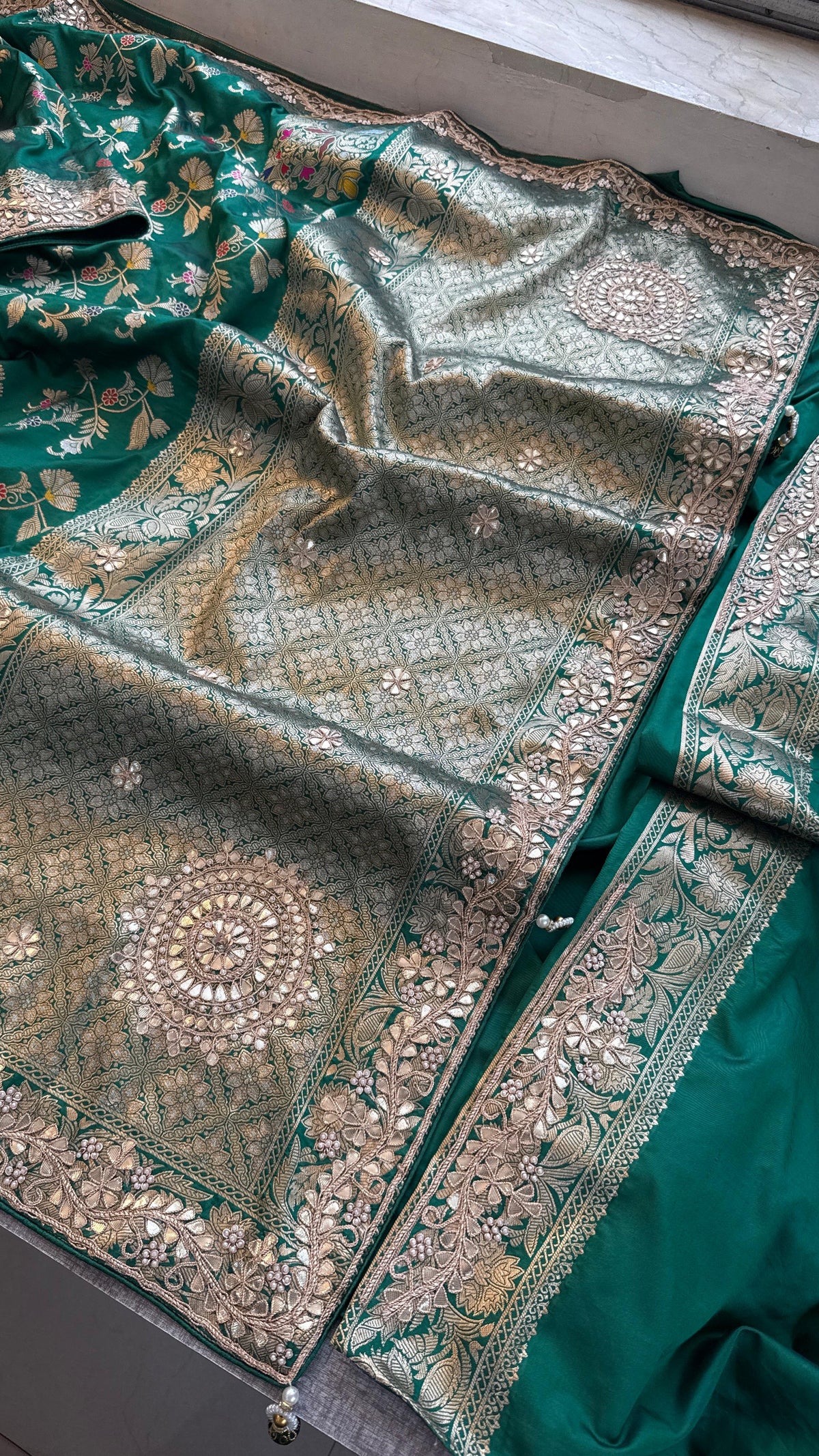 Pure Katan Silk Banarasi Saree with Zardozi Sequins Pearl and Gotta Patti Hand Embroidery