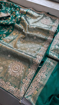 Pure Katan Silk Banarasi Saree with Zardozi Sequins Pearl and Gotta Patti Hand Embroidery