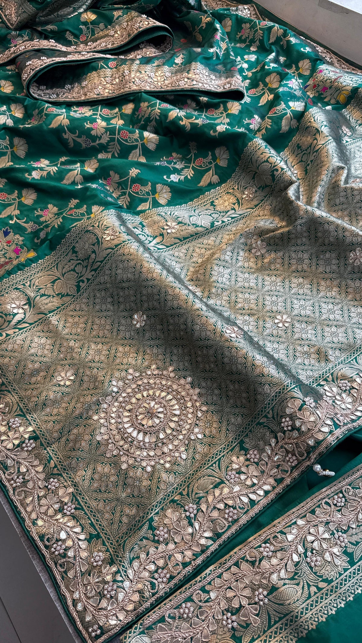 Pure Katan Silk Banarasi Saree with Zardozi Sequins Pearl and Gotta Patti Hand Embroidery
