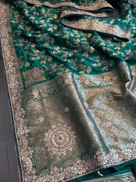 Pure Katan Silk Banarasi Saree with Zardozi Sequins Pearl and Gotta Patti Hand Embroidery