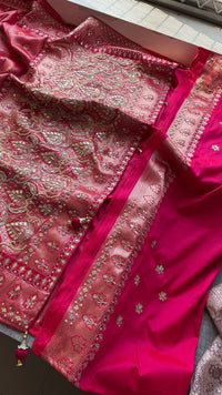 Rose Coral Pure Soft Munga Silk Meena Banarasi Saree with Handcrafted Zardozi Gotapatti Pearl and Sequin Embroidery