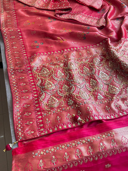 Rose Coral Pure Soft Munga Silk Meena Banarasi Saree with Handcrafted Zardozi Gotapatti Pearl and Sequin Embroidery