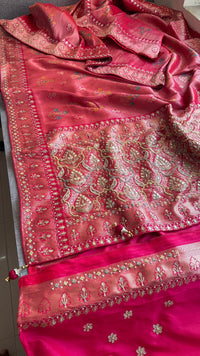 Rose Coral Pure Soft Munga Silk Meena Banarasi Saree with Handcrafted Zardozi Gotapatti Pearl and Sequin Embroidery