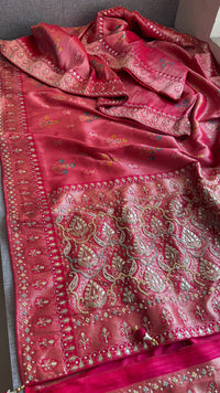 Rose Coral Pure Soft Munga Silk Meena Banarasi Saree with Handcrafted Zardozi Gotapatti Pearl and Sequin Embroidery